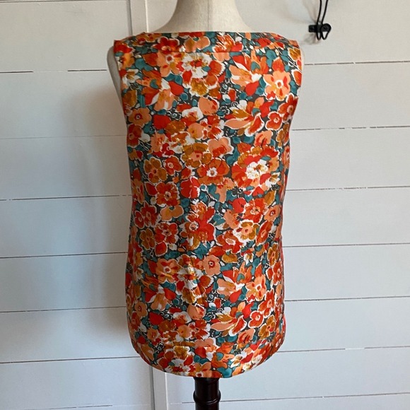 J. Crew Orange Floral Print Bow Tie Wrap Sleeveless 100% Silk Blouse‎ Size 0 EUC - Picture 3 of 8